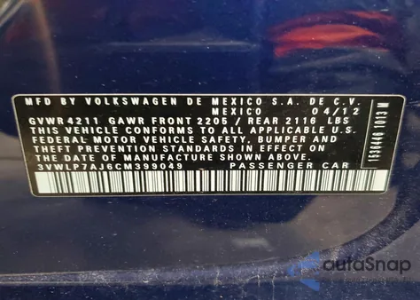 2012 Volkswagen Jetta Sel from USA, damaged, VIN 3VWLP7AJ6CM399049